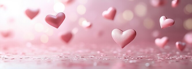 Floating hearts create a dreamy atmosphere on pastel pink background with glittering accents