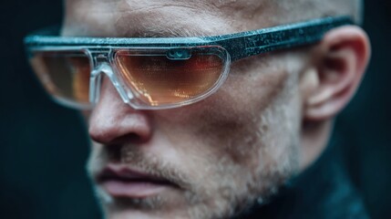 Close-up of a man wearing futuristic smart glasses with technology and innovation concepts