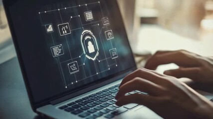 Digital security concept with cyber protection shield and data icons on laptop screen showing user typing and network connections abstract technology background - Powered by Adobe