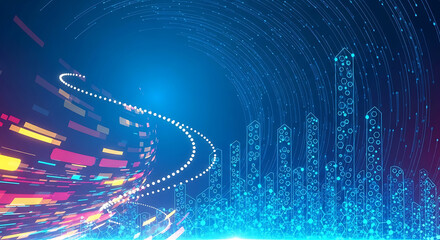 Obraz premium Abstract blue digital cityscape with glowing data streams and light trails image