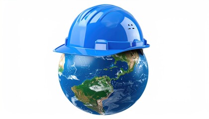 Labor Day concept. International safety and Health at Work concept. Hard helmet on a globe