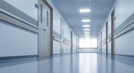 A hospital hallway with doors and windows, illuminated by overhead lights.