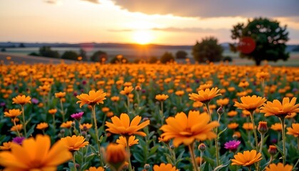 Obraz premium Golden Sunset Wildflower Field with Lens Flare
