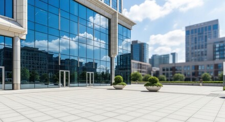 Modern office building with glass facade and green plants in the foreground.