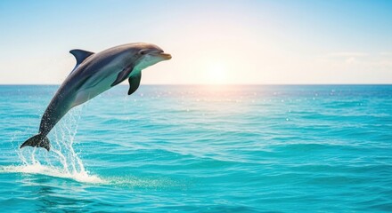 Fototapeta premium A dolphin leaping out of the water with a clear blue sky and calm ocean in the background.