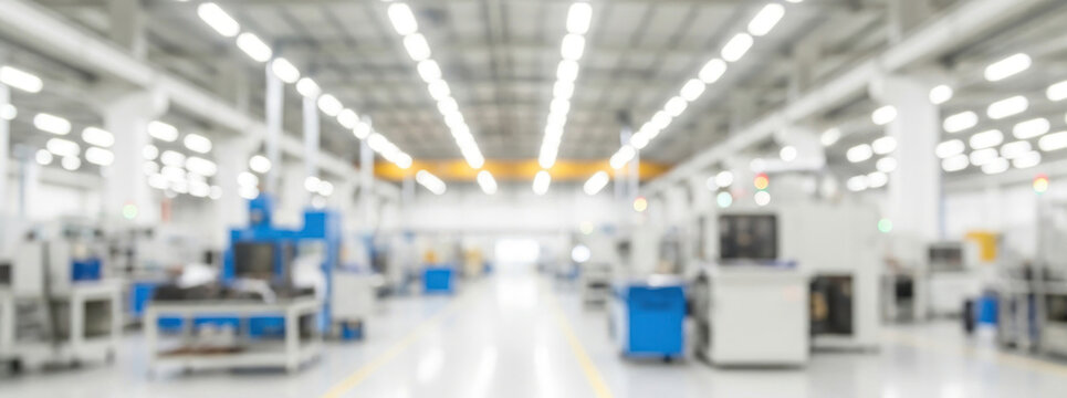 A spacious, modern industrial factory with bright white lighting and blue machinery in the foreground.
