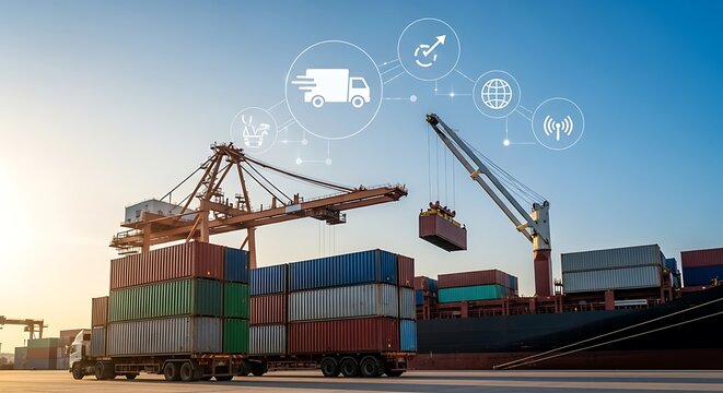 Integrated global logistics network and smart supply chain management facilitating seamless international trade with advanced cargo shipping operations at a modern port