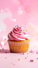 Delicious cupcake with pink frosting and sprinkles, soft background
