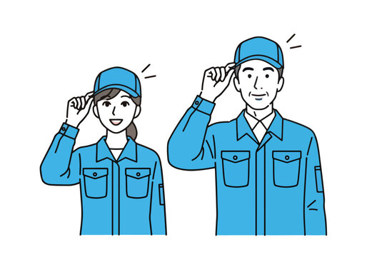 Skilled male and female workers in blue uniforms salute to show respect and expertise - Flat Vector Illustration. Colored vector illustration