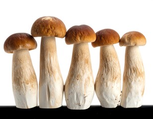 Five fresh, edible fungi against a stark, white backdrop