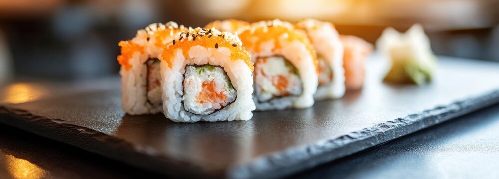Innovative kam fusion sushi roll served on a black slate plate showcasing vibrant colors and fresh ingredients