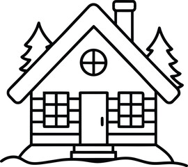 Black line art of a snow covered house with trees vector