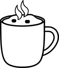 Black line art steaming hot cocoa mug with whipped cream