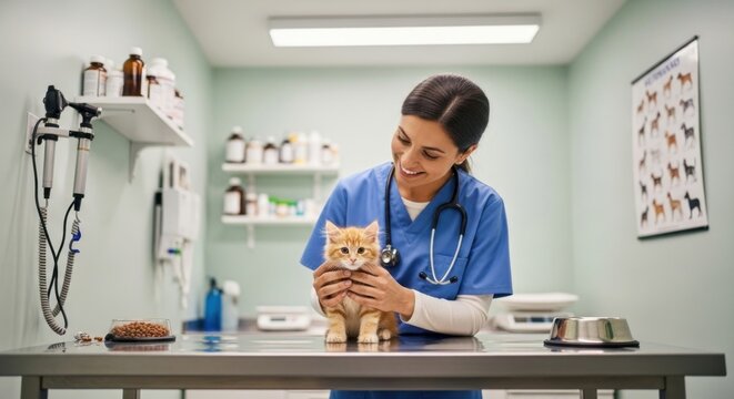A veterinarian examining a small orange kitten in a veterinary clinic.