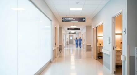 A hospital hallway with medical staff walking by.