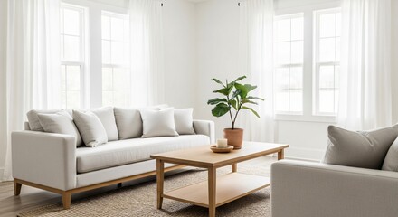 Sunlit Living Room Interior: Comfortable White Sofa with Pillows, Wooden Coffee Table, Indoor Plant, Windows with Flowing White Curtains, Jute Rug