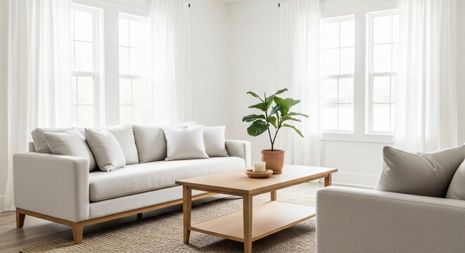 Sunlit Living Room Interior: Comfortable White Sofa with Pillows, Wooden Coffee Table, Indoor Plant, Windows with Flowing White Curtains, Jute Rug