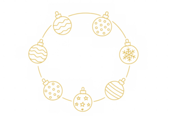 Golden christmas ornaments creating a festive circular wreath frame on transparent background, celebrating holiday season