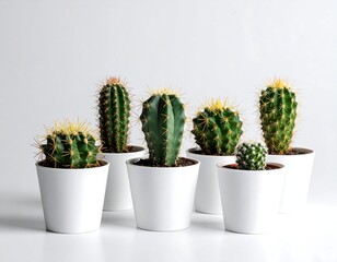 Group of cacti in white pots, against a clean white backdrop