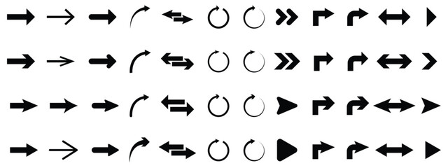 Naklejka premium Arrow icon set, arrow cursor collection, black arrows icons vector set. Set of big black vector arrows. Arrow icon. Mega set of vector arrows. Set of many different arrow icon. Black long arrow icon. 