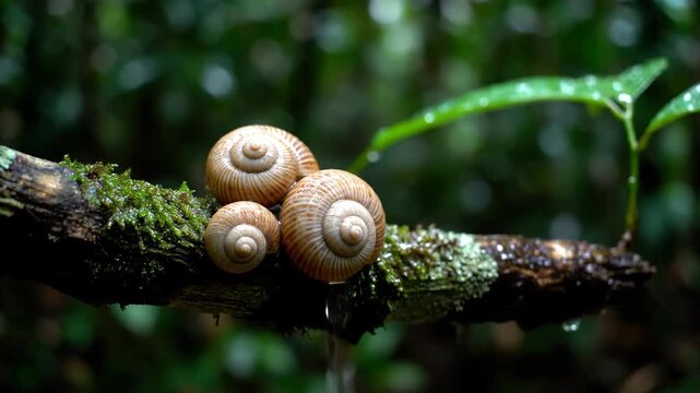 Three small snails with spiral shells resting on a mossy branch in a lush green forest environment.