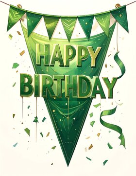 Illustration of a green birthday banner with confetti on a white background