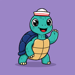Cute cartoon turtle wearing a sailor hat, smiling and waving on a solid lavender background.