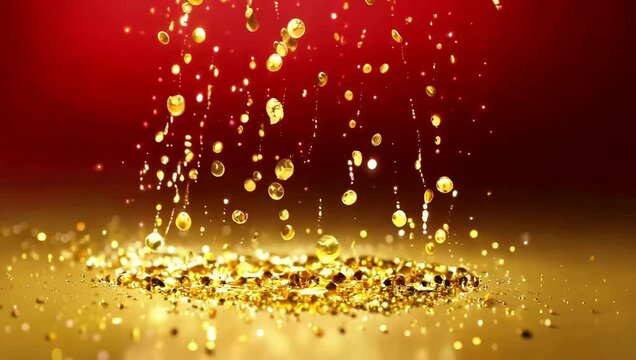 Stunning golden spheres cascading onto a reflective surface with vibrant red undertones, a celebration of luxury and brilliance in motion.