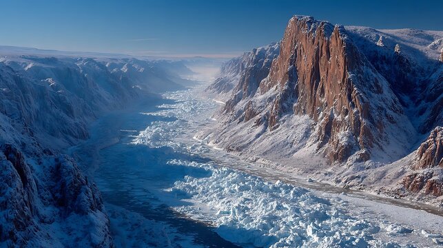 Aerial view of a vast icy river canyon with jagged snow-covered mountains image photo - Powered by Adobe