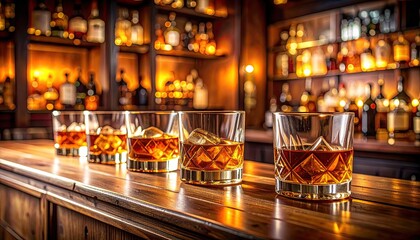 Whiskey Glasses Lined Up on a Wooden Bar Counter Illuminated by Warm Bar Lights