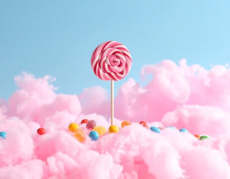 Whimsical scene with a lollipop amid pink cotton candy clouds
