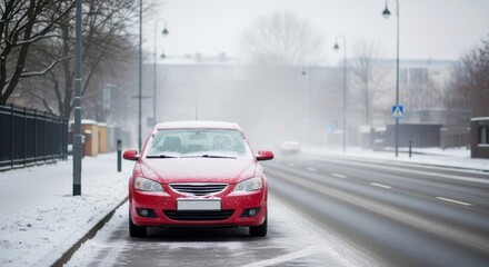 Red car parked on a snow covered street during a winter storm with trees and buildings in background