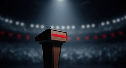 A wooden podium with a microphone in front of a blurred background of lights and a dark atmosphere