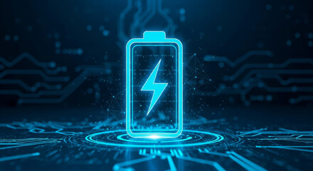 High capacity battery energy storage renewable power lithium cell charging icon blue glow technology concept circuit board electric symbol futuristic design