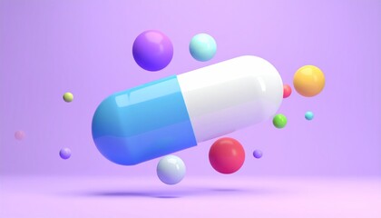 Medicine capsule surrounded by colorful balls on a purple background.-3d rendering.