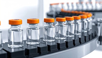 Medication Manufacturing Process. Glass Vials with Orange Caps on Conveyor Belt.