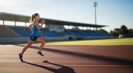 A female athlete running on a track with a stadium in the background.