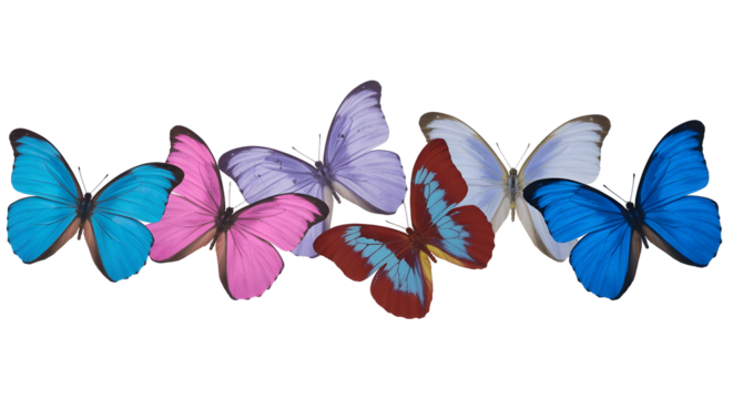 Vibrant butterflies in a colorful row create a whimsical and dreamy aesthetic, perfect for spring designs, nature themes, or artistic projects with a touch of fantasy - Powered by Adobe