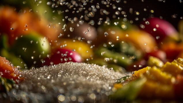 Close up of rice grains being sprinkled over a colorful assortment of fresh vegetables and fruits