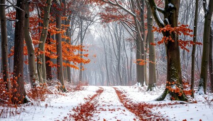 Winter forest path with orange leaves scattered on the snow covered ground and trees lining the lane during daytime