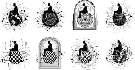 PrintDigital introspection, abstract globe, orbit rings, binary code, silhouette figure, conceptual design, technology, glitch art, data sphere, modern illustration