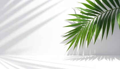 Minimal palm leaf and shadows on a white wall Background