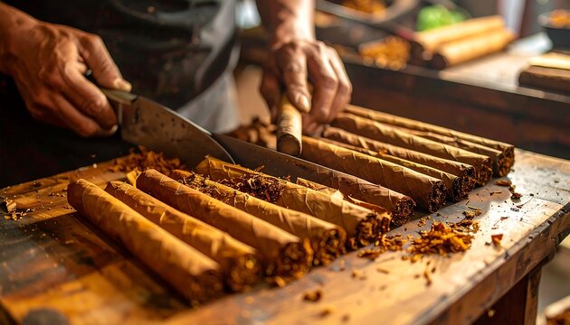 A person's hands slicing long tobacco rolls on a wooden surface - Powered by Adobe