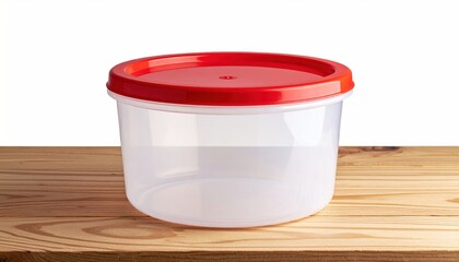 Minimalist food container with red lid stands on wooden surface. Symbol of kitchen organization