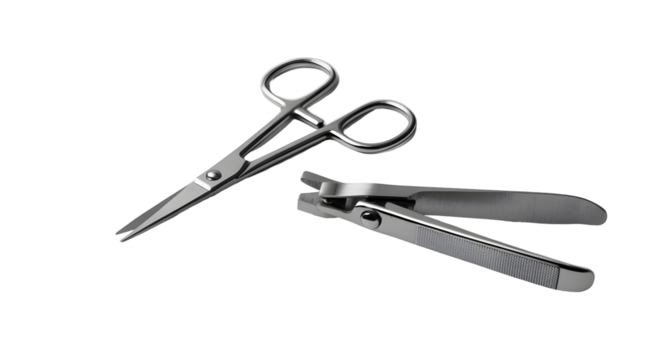 Precision grooming tools including sharp scissors and textured nail clippers for meticulous personal care and beauty routines