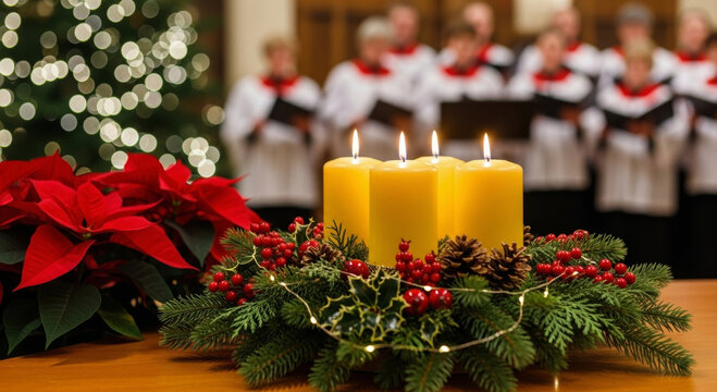 Singing carol family christmas candles wreath candlelight choir holiday celebration warm festive glow pine berry ribbon