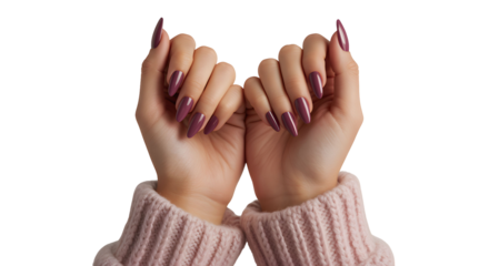 Elegant hands showcase stunning almond shaped nails with rich berry polish, perfect for beauty, fashion, and salon promotions