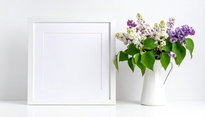 Mockup with a white frame and lilac branches in a vase on a light background