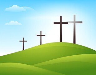 Green hillside with several crosses beneath a blue sky