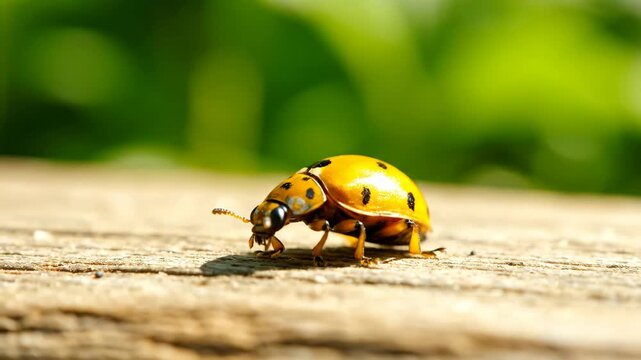 Ladybug on Wooden Surface - A Detailed Macro Shot of the Insect.